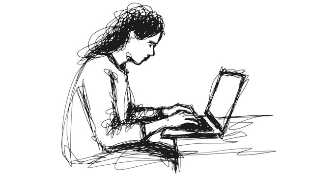 Sketch of a young woman typing on a laptop, focused on her work.