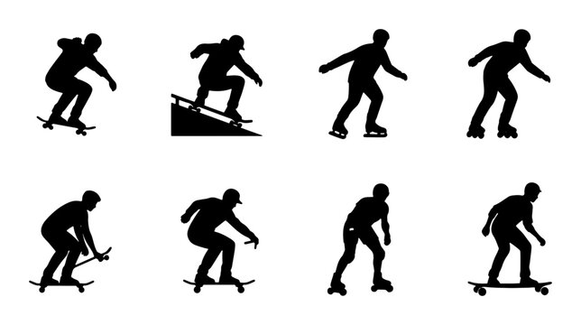 Skateboarding and Rollerblading Silhouettes, Action Poses, Extreme Sports Icons, Urban Lifestyle Vector Set