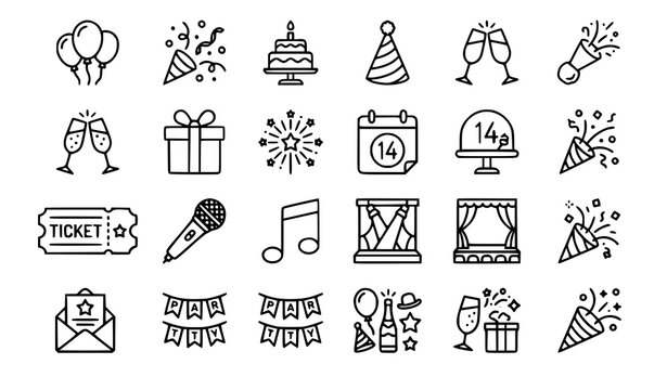 Party Celebration and Event Planning Outline Icon Set Editable Stroke 64x64 Vector Illustration