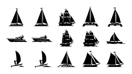 Vector Silhouette Collection: Diverse Sailboats, Yachts, and Tall Ships for Nautical and Maritime Themes, 15 Icons © Hasan