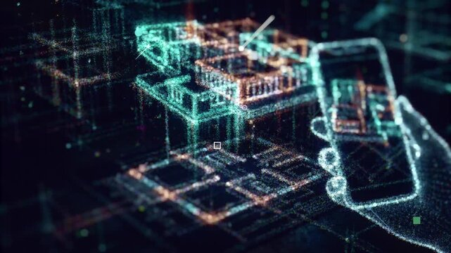 Abstract 3D render of a city map interface with glowing route path and data points. Futuristic navigation and smart city concept background.