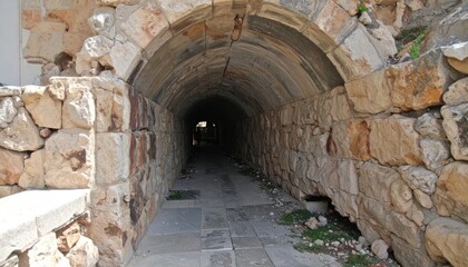 Obraz premium Ancient stone vaulted tunnel interior view.