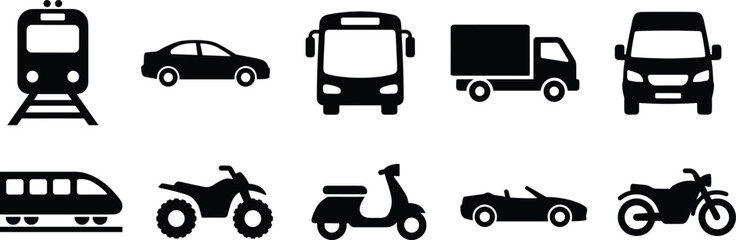 Fototapeta premium Transportation vehicle icon collection featuring train car bus truck van scooter motorcycle and ATV silhouettes