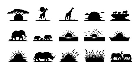 African Safari Silhouette Collection: Wildlife, Acacia Trees, Sunsets, and Savannah Landscapes, Vector Icons for Nature and Travel Designs © Raihan