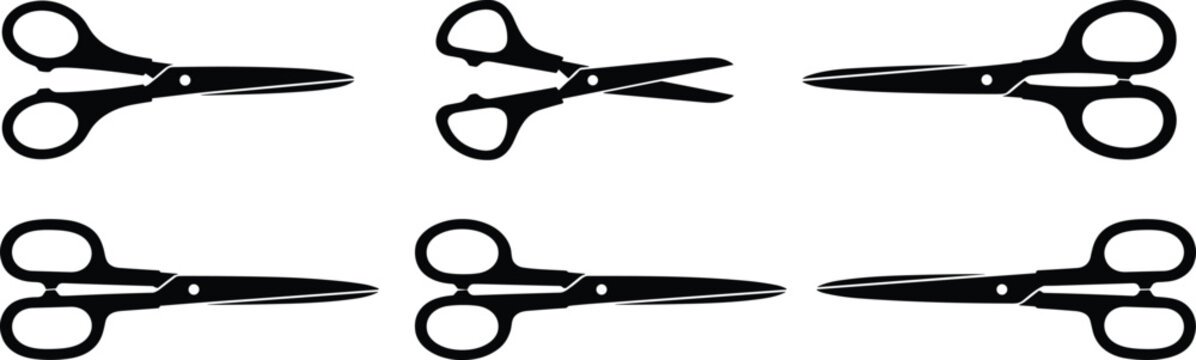 Scissors silhouette icon collection with open and closed cutting tool symbols for office and craft design