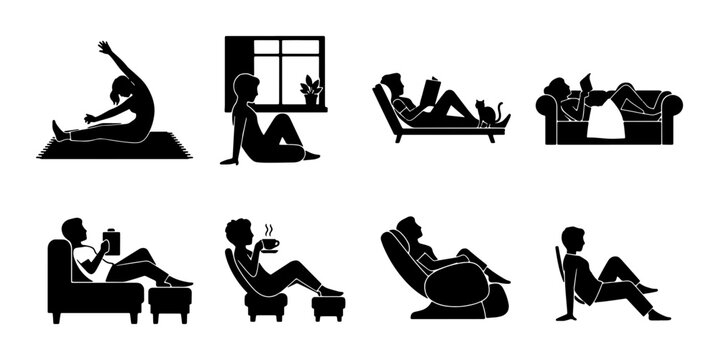 Relaxation and Leisure Icons: People Enjoying Downtime, Reading, and Yoga Poses, Vector Silhouettes