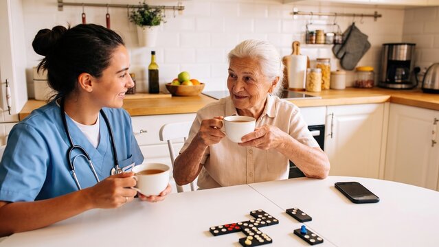 Senior woman playing dominoes with nurse in kitchen. Elderly home care and companionship concept. Home health aide visiting patient