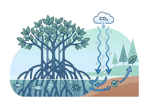 Mangrove Ecosystem Illustrates Carbon Sequestration and CO2 Absorption, Highlighting Crucial Environmental Protection and Climate Change Mitigation Benefits