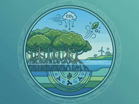 Dynamic Mangrove Ecosystem Illustrating Carbon Cycle, Oxygen Production, and Sustainable Environmental Practices for a Healthier Planet