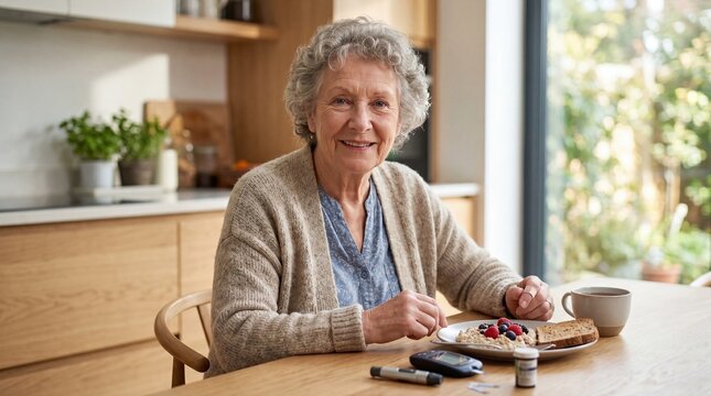 Senior woman managing diabetes at breakfast table with glucometer and test strips. Healthy lifestyle and chronic disease concept