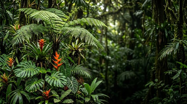 Lush tropical rainforest with vibrant orange flowers and ferns