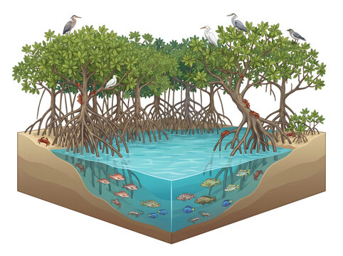 Vibrant illustration of a dynamic mangrove ecosystem, depicting the intricate network of trees, roots, birds, and various marine life in a coastal wetland habitat