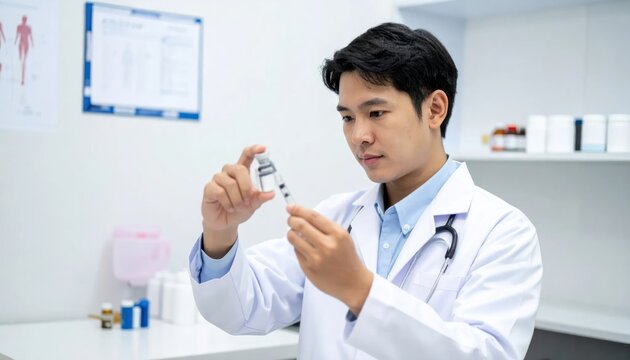 Asian male doctor inspecting medical vial in clinical lab.