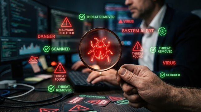 Cybersecurity concept man analyzing digital bug with threat detection icons and data stream display
