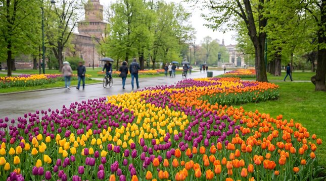 Spring park scene with winding rows of vibrant tulips and people walking under rainy weather in city park