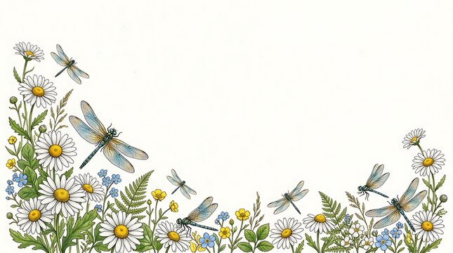 Floral border with white daisies and dragonflies in vintage style