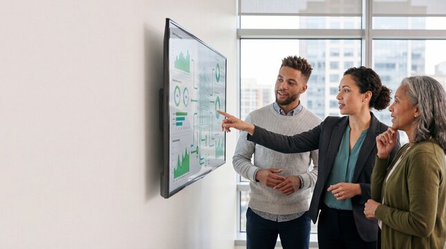 Diverse business professionals collaborating in a modern office, discussing important financial data and charts displayed on a wall mounted interactive screen during a meeting