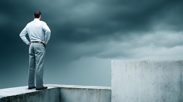 concept with businessperson standing on rooftop under dark dramatic sky