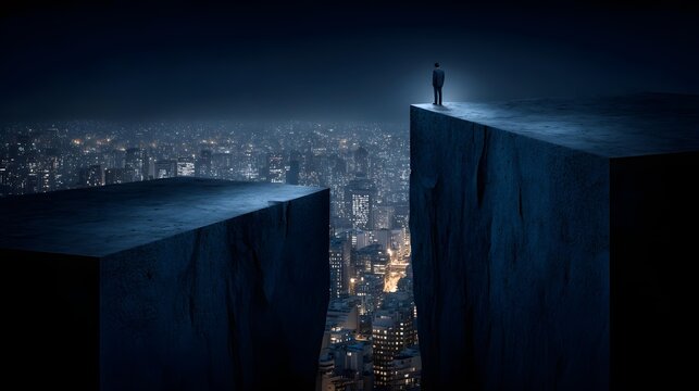 concept with businessperson standing on rooftop under dark dramatic sky
