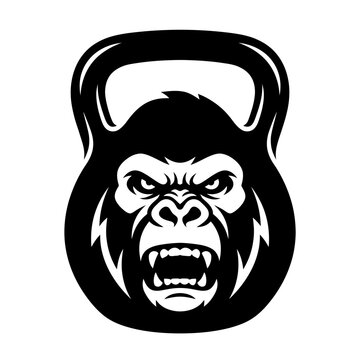 Aggressive gorilla head combined with kettlebell fitness logo.