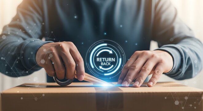 Customer receiving a package at home and opening it to check for returns and refunds online