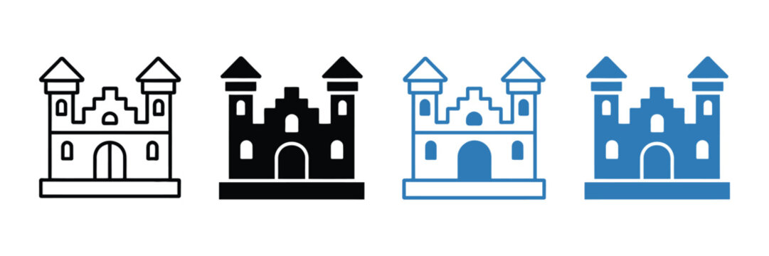 Bouncy Castle Icon Set Vector Flat and Outline Design Kids Party Collection. Inflatable Play Structure Icon Collection showcasing fun inflatable attraction symbols for kids entertainment centers, 