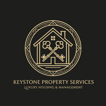 Gold keystone property services real estate logo on black.