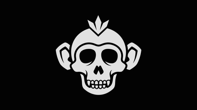 Minimalist monkey skull graphic on a black background.