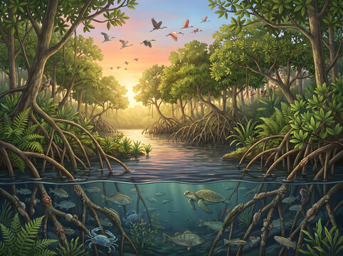 Serene Mangrove Ecosystem A Dual View of Underwater Life and Avian Beauty at Sunrise