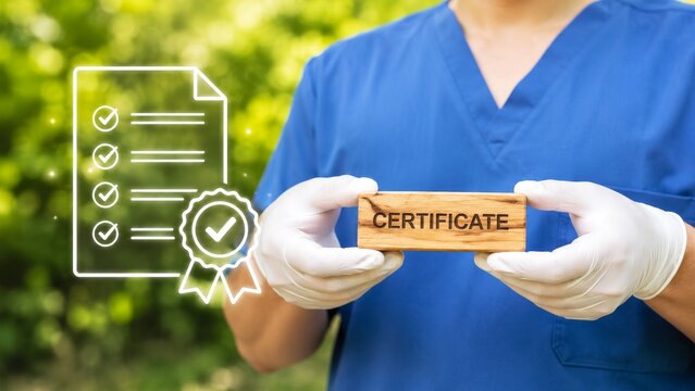 A healthcare professional holds a certificate, symbolizing qualifications and achievements, against a green background.