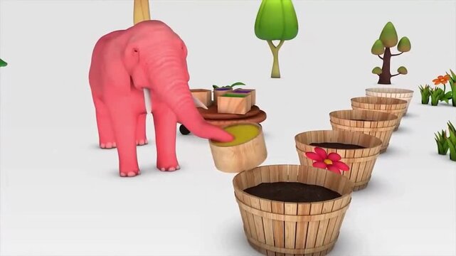 Animated 3D Cartoon Pink Elephant with Educational Number One Mushroom