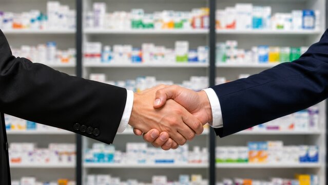 Two businessmen shake hands in front of a pharmacy, symbolizing partnership and collaboration in the healthcare sector.