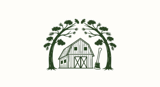 Rustic barn with pine trees and a split rail fence on a white background, ideal for farm, nature, or rural lifestyle branding and design