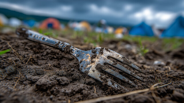 discarded dirty fork abandoned on muddy ground after outdoor festival camping event