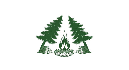 Fototapeta premium Iconic illustration of a crackling campfire and stacked logs between two tall pine trees, symbolizing nature, camping, and outdoor adventure