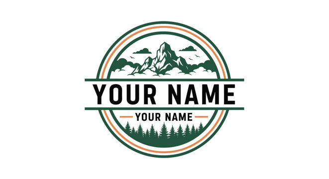 Circular emblem logo featuring rugged mountain range with pine trees below, perfect for outdoor brands, adventure companies, and nature enthusiasts seeking a distinctive visual identity