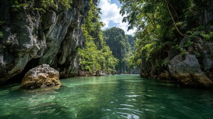 Fototapeta premium Scenic Tropical Lagoon with Crystal Clear Turquoise Water and Steep Limestone Cliffs