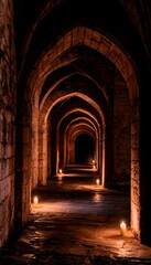 Fototapeta premium Ancient stone corridor glows warmly evoking mystery grandeur within weathered walls of timeless architecture