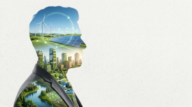 Double exposure sustainable business practices esg green energy technology city environment double exposure silhouette merges corporate leader with sustainable business practices and esg vision
