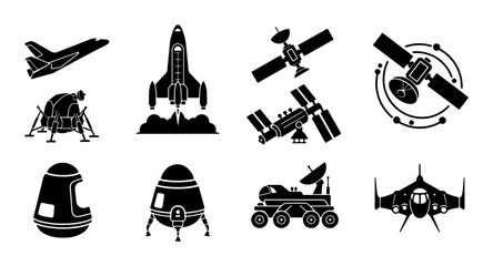 Space Exploration Icons Set: Rockets, Satellites, Lunar Lander, Spacecraft, and Rover Vector Graphics for Cosmic Projects © Saiful
