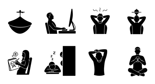 Office Stress and Relaxation Icons: Burnout, Meditation, Work Break, and Rest Poses Vector Set