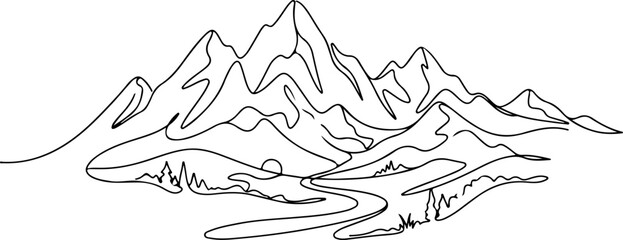 Fototapeta premium Continuous line mountain silhouette vector illustration