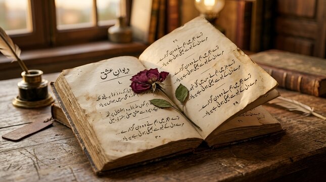 Vintage open book with urdu poetry text and a dried red rose on the page