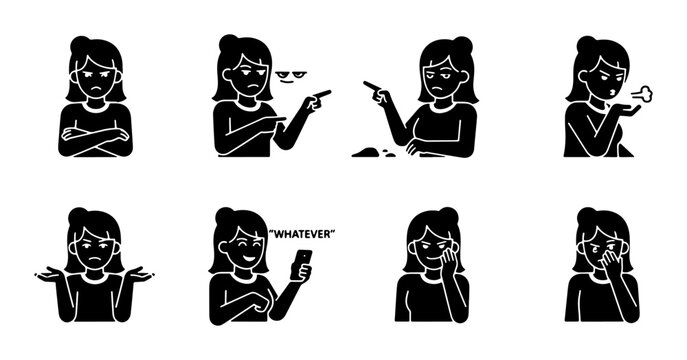 Woman Emotion Icons, Female Expression Set, Diverse Moods Vector Graphics, Social Interaction Symbols, Communication Gestures