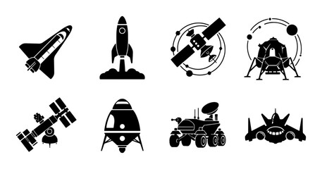 Space Exploration Icons Set: Rocket, Shuttle, Satellite, Rover, Lunar Lander, Spaceship, Capsule, Futuristic Craft, Vector Graphics for Cosmic Projects © Omar