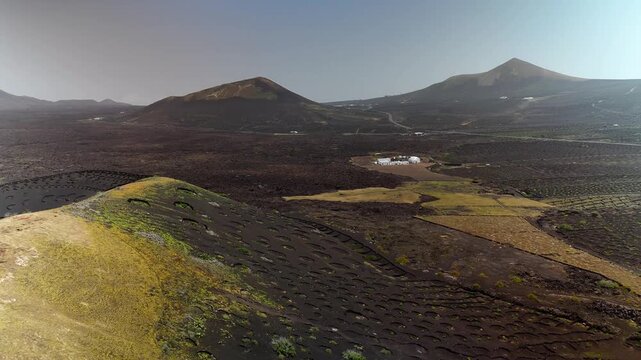Aerial drone pan over volcanic vineyards, La Geria valley, Lanzarote, Spain