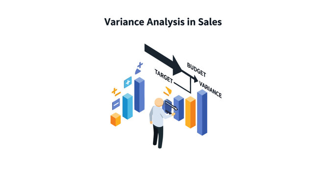 Businessman analyzing sales variance with target metrics.