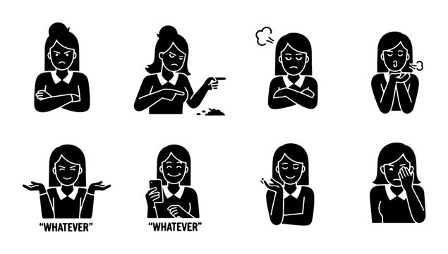 Diverse Female Emotions Set, Vector Icons: Anger, Frustration, Indifference, Surprise, Joy, Sadness, Confusion, Disappointment, Business Woman Expressions