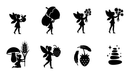 Whimsical Fairy Silhouettes, Nature Elements Collection: Acorn, Wheat, Strawberry, Mushroom, Flowers, Fruit, Zen Stones, 8 Icons Set © Omar
