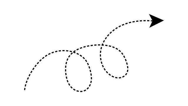 Hand-drawn curly black dotted loopy line arrow movement indicator dashed path, navigation, pointer or direction symbol isolated on transparent background. Vector illustration.